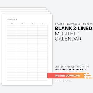 Calendario mensual con líneas en blanco, plantilla de bloques rellenables con vistas generales del mes, planificador sin fecha, carta imprimible, media carta, A4, A5 PDF