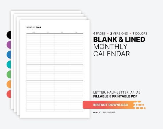 Blank Lined Monthly Calendar Fillable Month At-a-glance | Etsy