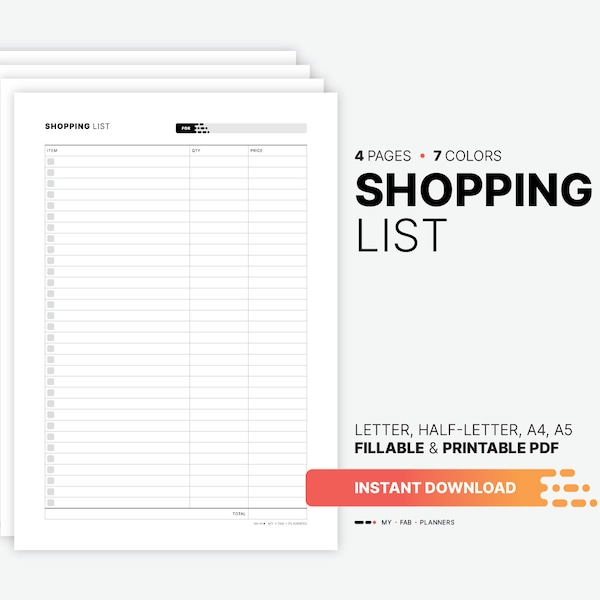 Shopping List, Printable Home Checklist Planner, Fillable Family, Christmas, Food, Grocery, Holiday, Online Wishlist, Simple PDF Template