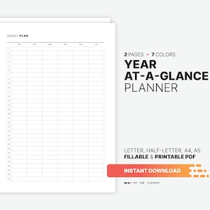 Year At-a-glance Planner, Undated & Digital Yearly Overview Template, Fillable Day Boxes, Printable Letter, Half-letter, A4, A5 PDF