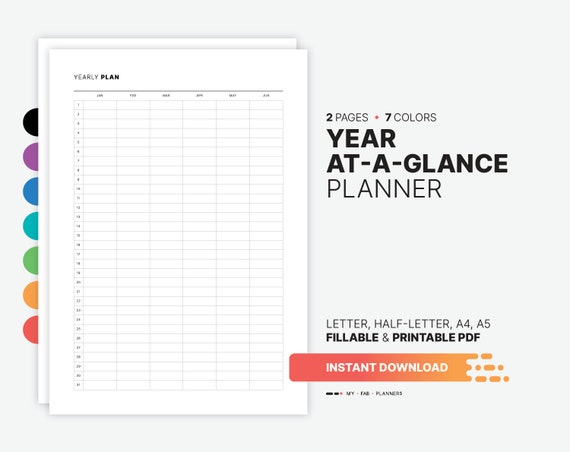 Year At-a-Glance Planner, Fillable Yearly Overview (PDF)