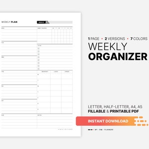 Printable Weekly Planner, Habit Tracker, Meal Menu (PDF Template)