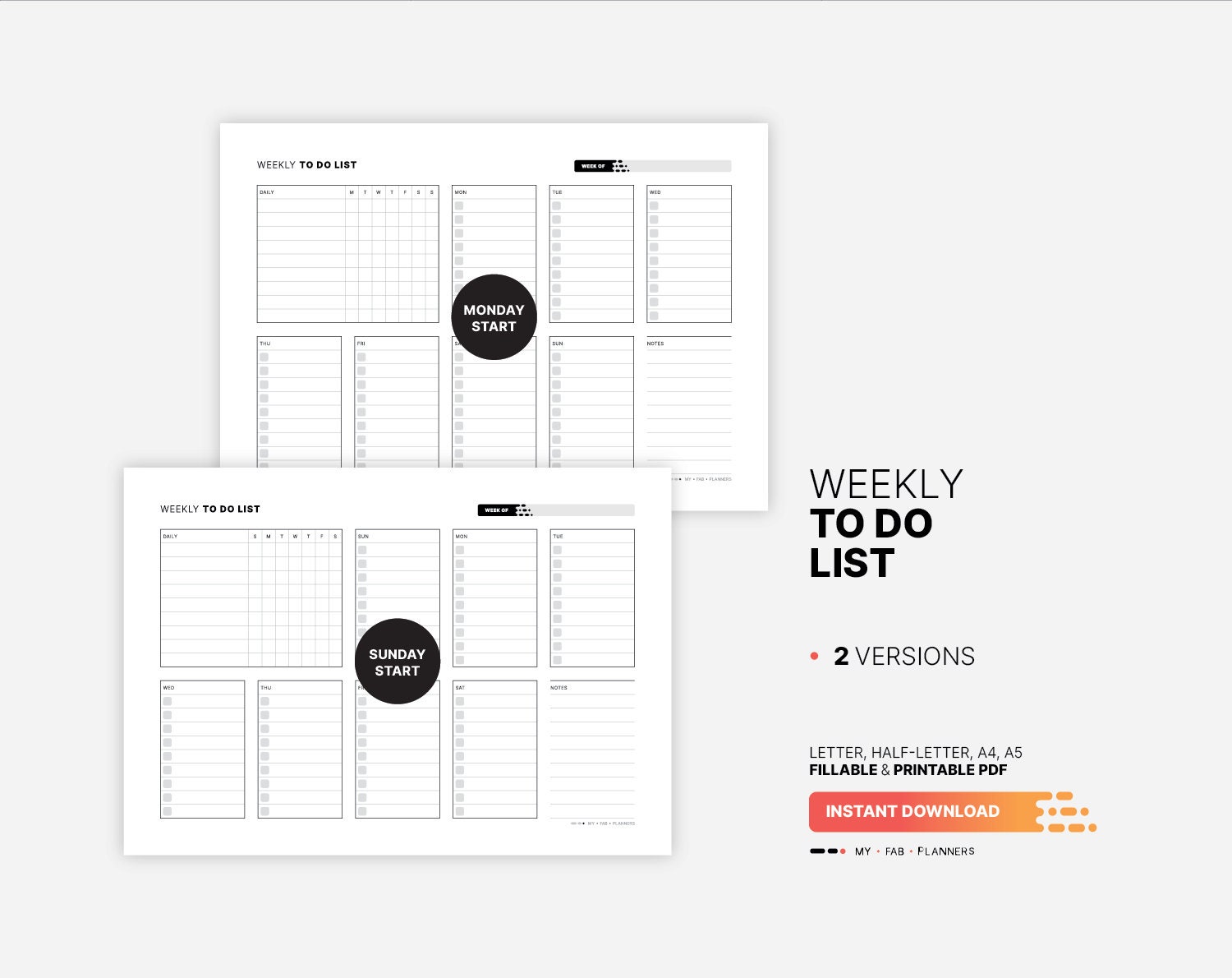 Weekly to do list planner printable task list chart etsy