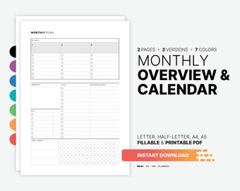 Printable Monthly Calendar, Goal Tracker, Habit Tracker (PDF Template)