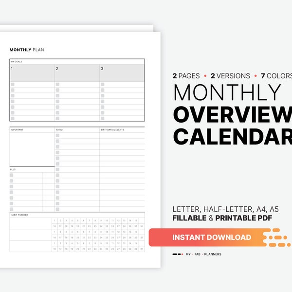 Monthly Overview, Printable Blank Calendar, Fillable Goal Setting, Habit Tracker, To Do List, Important Dates Planner, Simple PDF Template