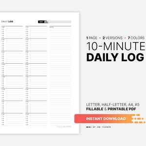 Libro de registro diario de 10 minutos, planificador de citas por horas y organizador de planes de acción por franjas horarias, rellenable, imprimible, en formato PDF de media página, carta, A4 y A5