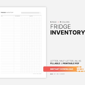 Fridge Inventory, Kitchen Storage Organization Planner, Food and Meal Storage List, Tracker, Organizer, Fillable Letter, A4, A5 PDF Template