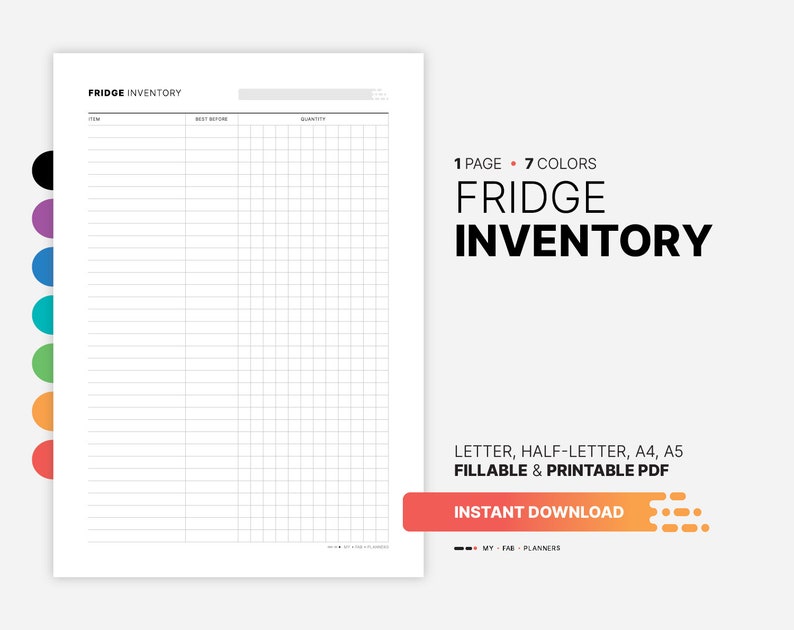 Fridge Inventory, Kitchen Storage Organization Planner, Food and Meal Storage List, Tracker, Organizer, Fillable Letter, A4, A5 PDF Template