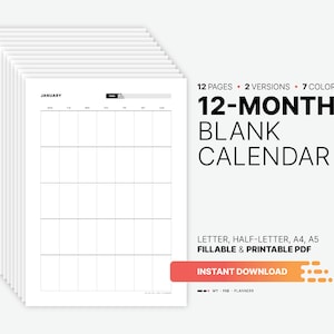 Calendario en blanco de 12 meses sin fecha, resumen del mes, planificador mensual, carta rellenable e imprimible, tamaño medio, plantilla PDF A4, A5