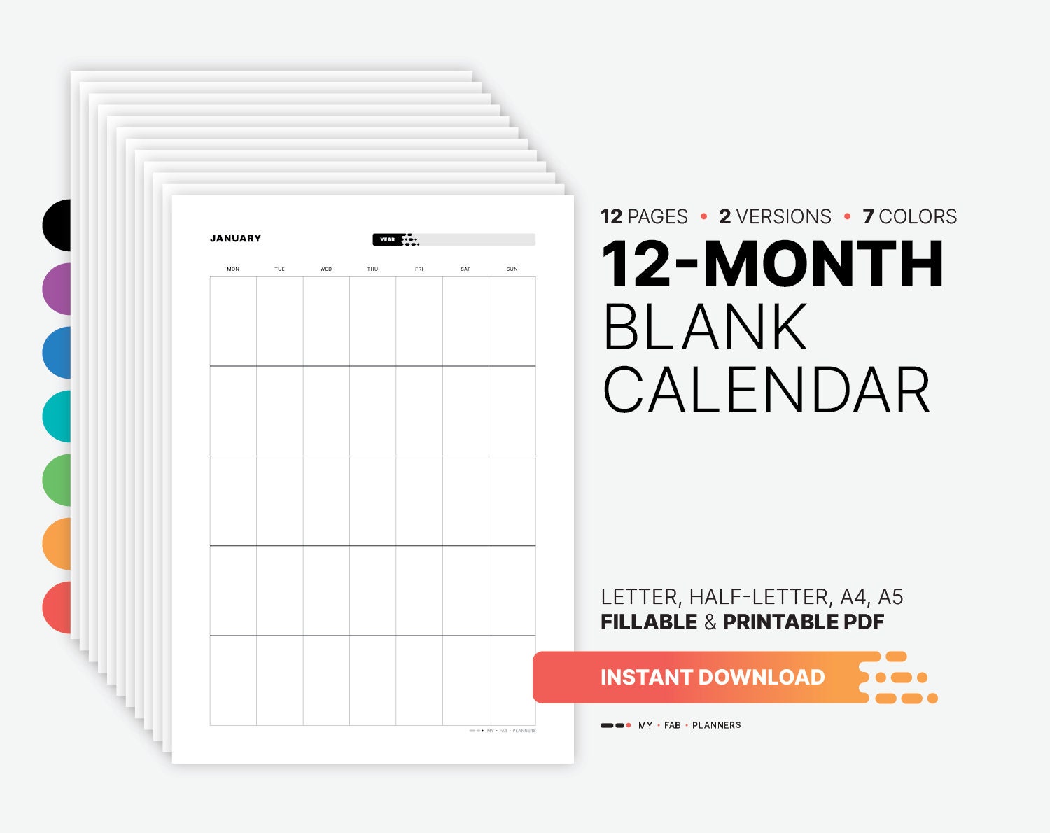 Undated 12-month Blank Calendar, Month At-a-glance Overview, Monthly  Planner, Fillable and Printable Letter, Half Size, A4, A5 PDF Template -  Etsy