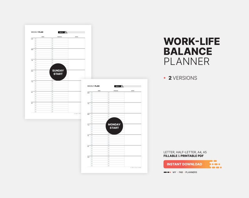 Weekly Work-life Balance Planner, Fillable Week's Task List, To-do ...