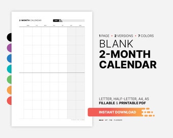 Blank 2 Month Calendar, Undated Multi Month At-a-glance Planner, Printable Monthly Perpetual Digital Wall, Block Desk Template, Fillable PDF