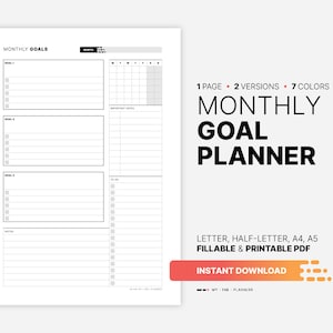 Monatlicher Zielplaner, druckbare Work-Life-Zieleinstellung, Aktionsplanvorlage für Projektproduktivität, ausfüllbare digitale Aufgabenliste, Kalender-PDF