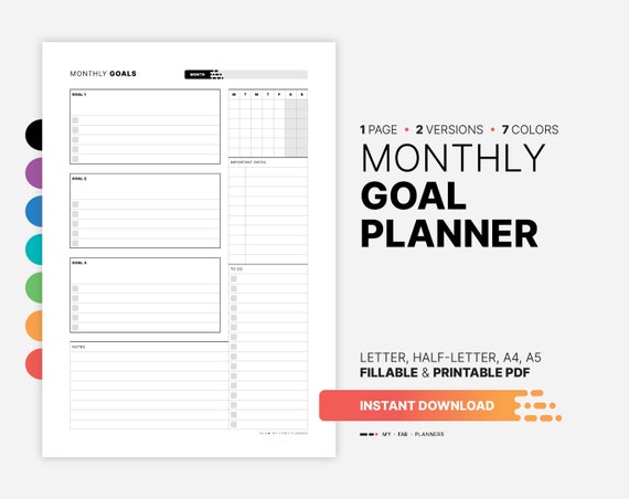 Printable Monthly Goal Planner, Fillable PDF Template