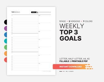 Weekly Top 3 Goals Planner, Fillable PDF (Printable)