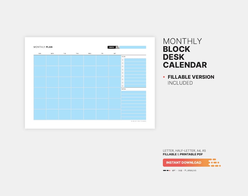Monthly Block Desk Calendar, Fillable Blank Blocks Planner, Month at a ...