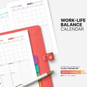 Monthly Work-Life Balance Calendar & Goal Action Plan, Task List, Fillable Numbers, Blank Printable Letter, Half-letter, A4, A5 PDF Template