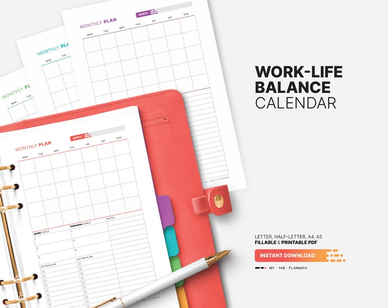 Monthly Work-Life Balance Calendar & Goal Action Plan, Task List, Fillable Numbers, Blank Printable Letter, Half-letter, A4, A5 PDF Template