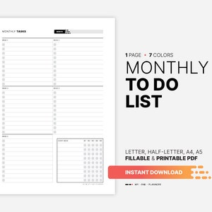 Monatliche Aufgabenliste, druckbarer wöchentlicher Aufgabenplaner, digitaler Aktionsplan, minimalistischer Master-Checklisten-Organizer, ausfüllbare leere PDF-Vorlage