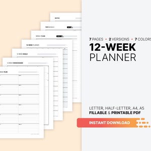 Planificador de 12 semanas, descripción general del tablero de visión, calendario de productividad, plantilla de seguimiento de objetivos diarios rellenables, formato PDF imprimible de media página, tamaño carta, A4 y A5