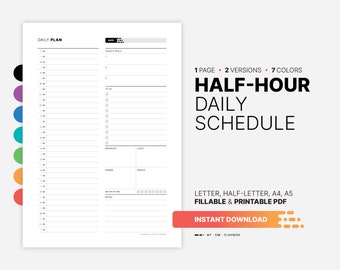 Half-Hour Daily Schedule Planner, Fillable Work Productivity Tracker (PDF Template)