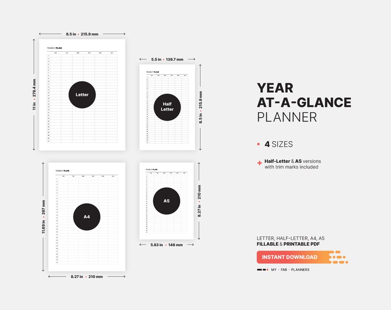4 Paper Sizes: US Letter (8.5 x 11 in), US Half-Letter (5.5 x 8.5 in), A4 (210 x 297 mm), A5 (148 x 210 mm) for Year At-a-glance Planner, Undated & Digital Yearly Overview Template, Fillable Day Boxes, Printable PDF