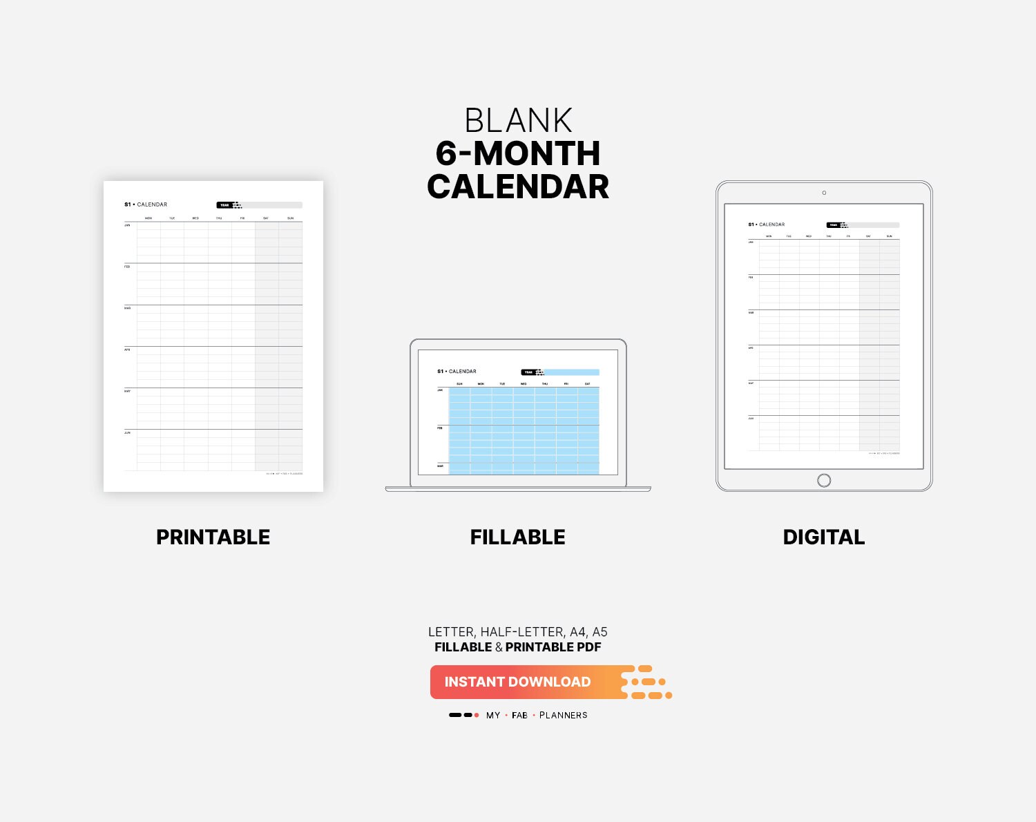 Blank 6-month Calendar, Yearly Semester Wall Calendar, Fillable Year ...