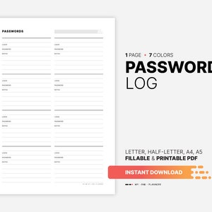 Hoja de registro y conservación de contraseñas con casillas rellenables para diario, rastreador, libro, cuaderno, carta, tamaño medio, A4, A5, plantilla de formulario PDF imprimible