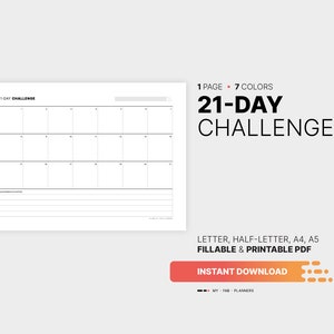 Planificador digital de 21 días con reto de seguimiento de objetivos y hábitos mensuales, casillas rellenables, plantilla de planificador en formato PDF para imprimir horizontalmente en tamaño carta, A4 y A5
