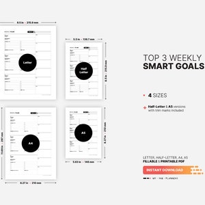 4 Paper Sizes: US Letter (8.5 x 11 in), US Half-Letter (5.5 x 8.5 in), A4 (210 x 297 mm), A5 (148 x 210 mm) for Top 3 Weekly SMART Goals with Action Plan, Goal List & Setting Printable Worksheet, Journal, Board, Fillable PDF Template