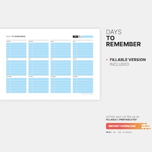 Days to Remember Board, Important Dates Fillable Yearly Planner ...