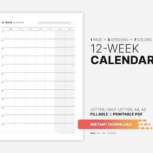 12-Week Goal Calendar, Fillable Quarterly Planner (PDF Template)