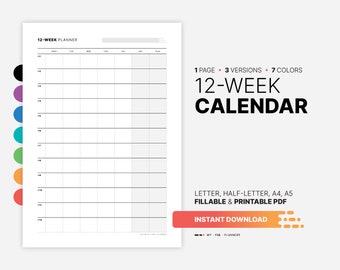 12-Week Goal Wall Calendar, Fillable Quarterly Work & Productivity Objectives Planner, Tracker, Printable Half-, Letter, A4, A5 PDF Template