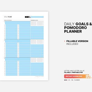 Fillable PDF Form Version Included for Daily Goal Setting & Planner, Pomodoro Tracker, Fillable Work Action Plan, Worksheet, Log, Organizer, Printable Letter, A4, A5 PDF Template