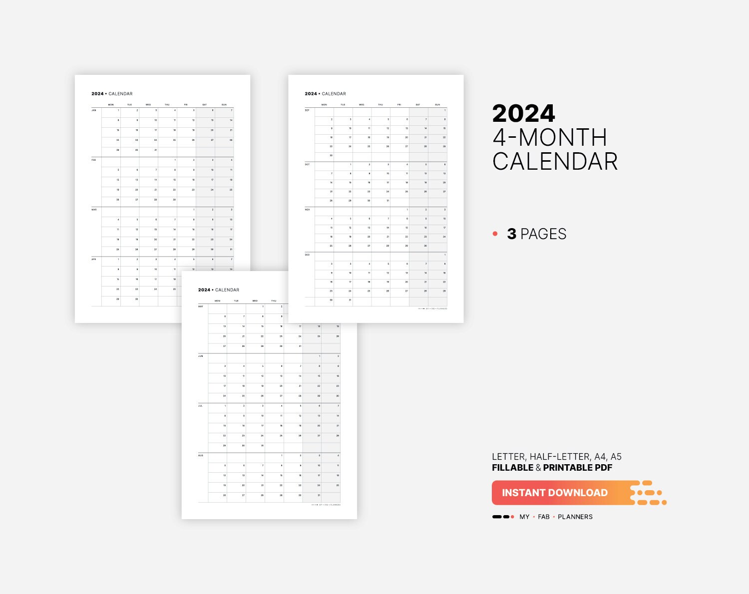 2024 4-month Calendar, Small Business Productivity Goal Tracker, Fillable  Important Dates, Planner Insert Template, Digital Printable PDF - Etsy