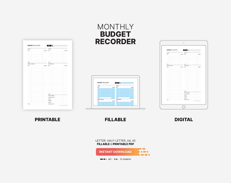 Monthly Budget Recorder, Fillable Financial Dashboard, Finance