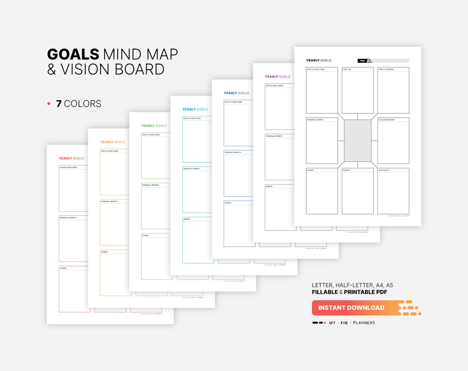 Goal Setting Mind Map Vision Board, Fillable Action Planner (PDF ...