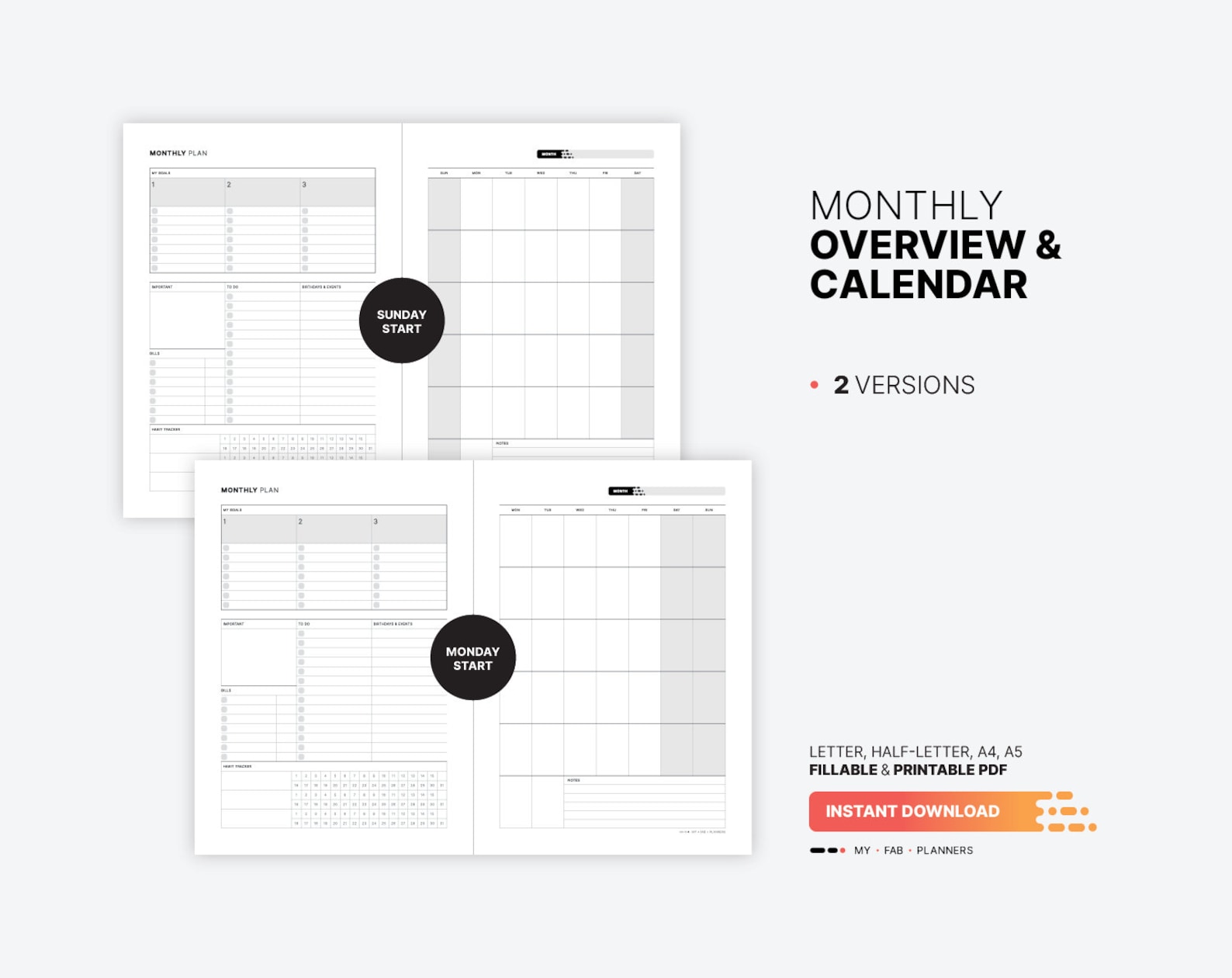Monthly Overview Printable Blank Calendar Fillable Goal Etsy