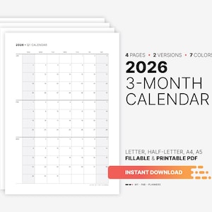 2026 Quarterly Calendar Printable: 3-Month Overview Fillable PDF, Q1-Q4 Planner A4 Letter