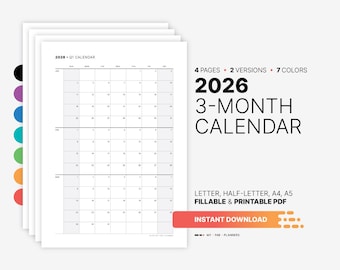 2026 Quarterly Calendar Printable: 3-Month Overview Fillable PDF, Q1-Q4 Planner
