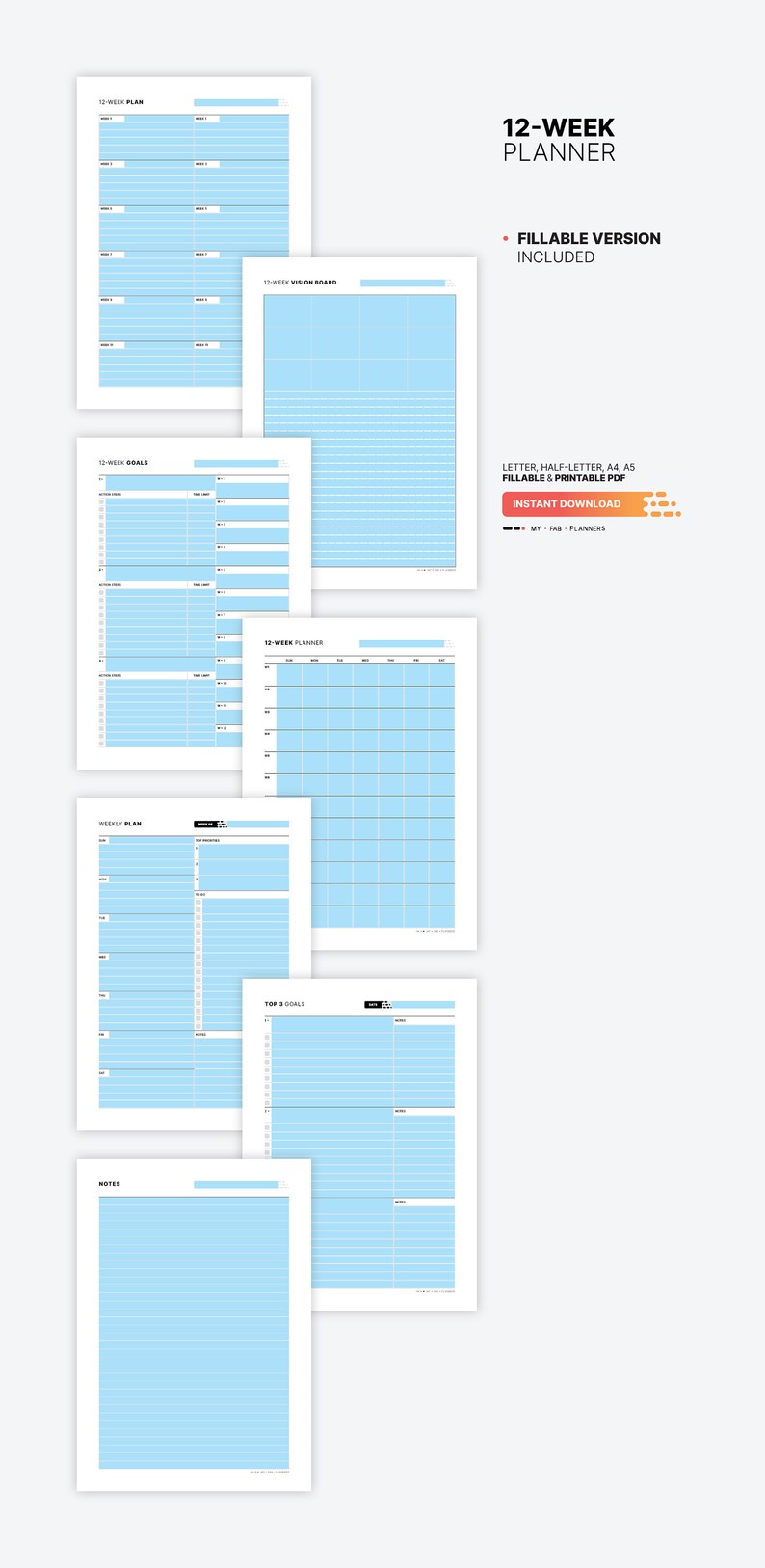 Fillable PDF Form Version Included for 12 Week Planner, Vision Board Overview, Productivity Calendar, Daily Fillable Goal Tracker Template, Printable Half-size, Letter, A4, A5 PDF