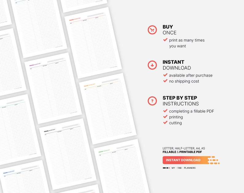✔ Buy once and print as many times you want.
✔ Instant download available after purchase and no shipping costs.
✔ Step by step instructions for completing a fillable PDF, printing and cutting My Fab Planners inserts.