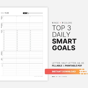 Los 3 objetivos SMART diarios principales con plan de acción, lista de objetivos diarios y configuración, hoja de trabajo imprimible, diario, tablero, carta rellenable A4, plantilla PDF A5