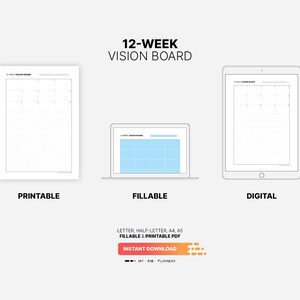 Printable, Fillable, Digital Download for 12 Week Vision Board, Fillable Goal Setting Overview Planner, Goals Action Plan Dashboard, Printable Letter, Half-size, A4, A5 PDF Template
