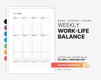 May include: Printable weekly planner with two pages, two versions, and seven colors. The planner is designed to help you achieve work-life balance. It includes sections for work goals, personal goals, and gratitude. The planner is available in letter, half-letter, A4, and A5 sizes. It is a fillable and printable PDF.