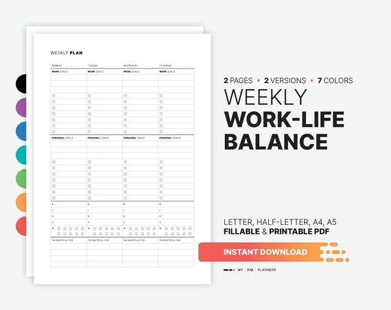 Weekly Work-Life Balance Planner, Fillable PDF Template