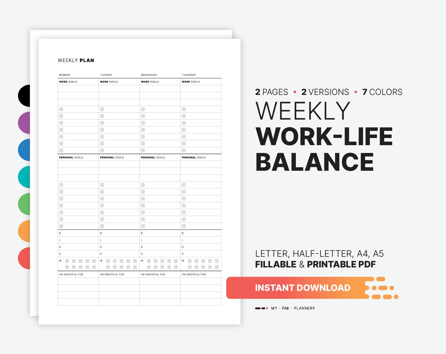 Weekly Work-life Balance Planner, Fillable PDF Template - Etsy