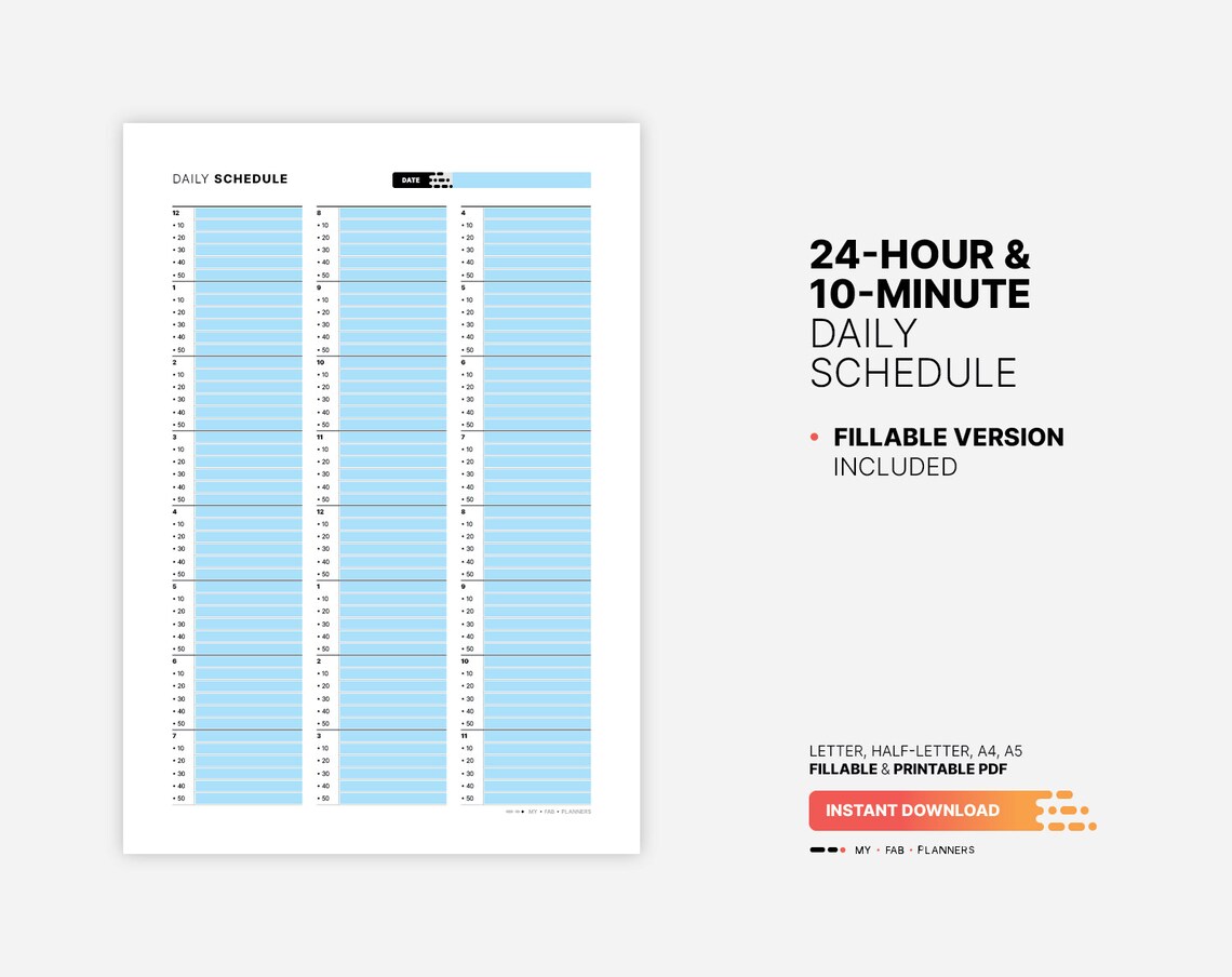 24-hour Daily Schedule Planner, Fillable Hourly Organizer (PDF) - Etsy