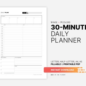 Puede incluir: Un planificador diario imprimible de 30 minutos en blanco y negro. El planificador incluye secciones para objetivos principales, un horario diario, comidas y agua, para hacer mañana y notas. El planificador está disponible en tamaños carta, media carta, A4 y A5.