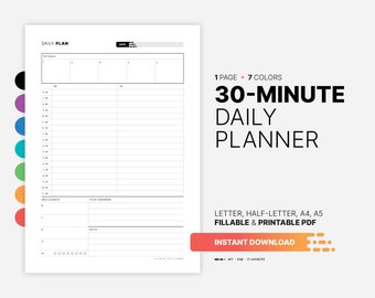 Planner giornaliero da 30 minuti, modello di blocco del tempo stampabile (PDF)
